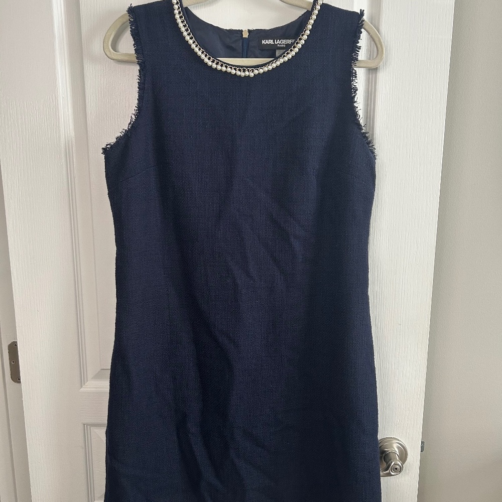 Karl Lagerfeld Paris Navy Pearl Neckline Dress | Classic Elegant